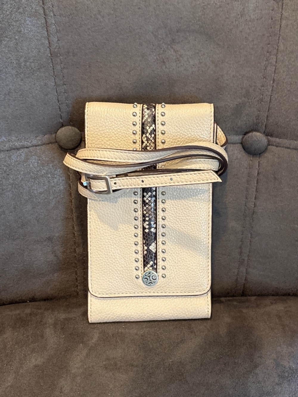 Brighton Pretty Tough Phone Crossbody Organizer Cream and Snake Print Leather